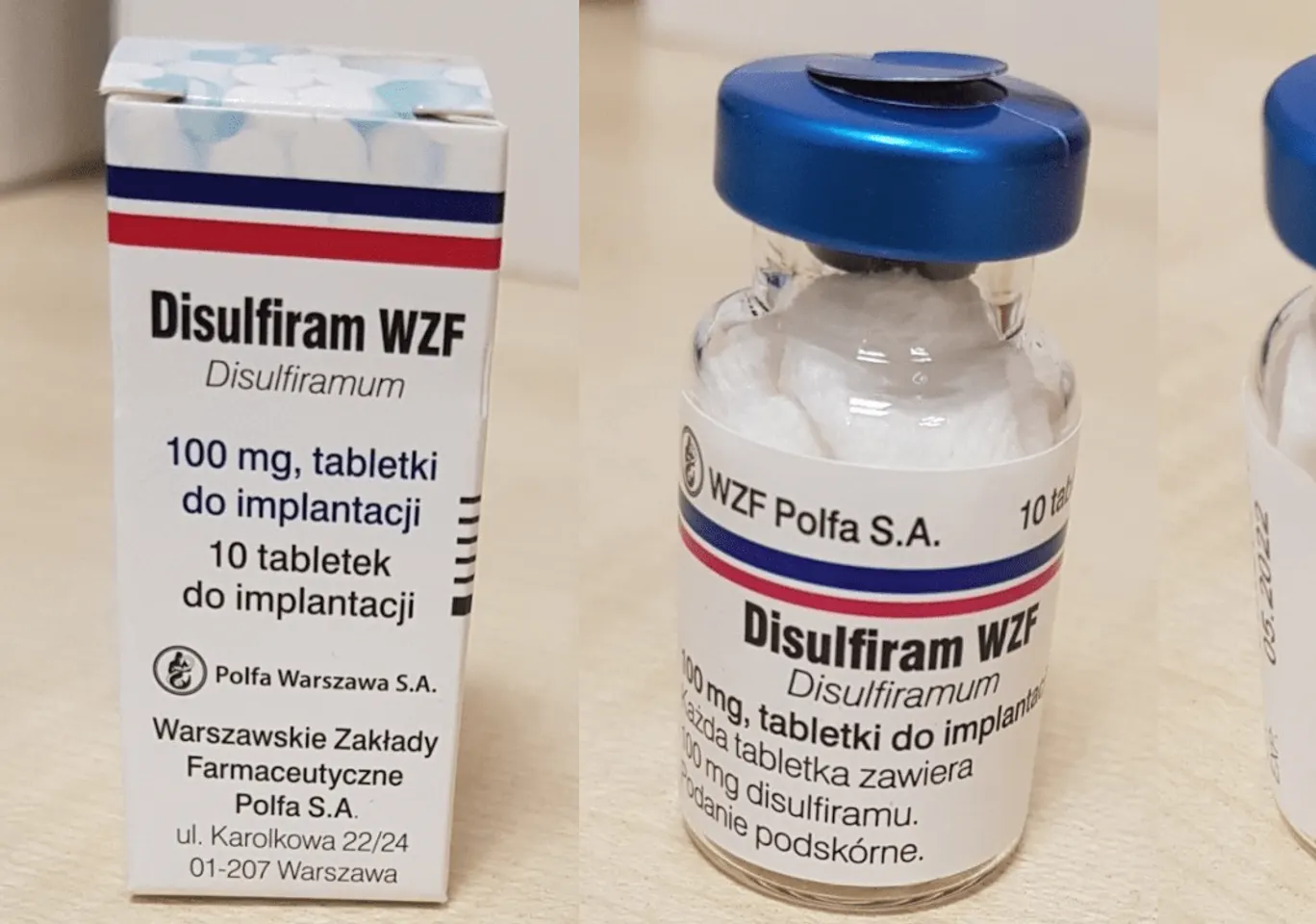 Wszywka alkoholowa Esperal Polkowice: fiolka disulfiramu obok opakowania leku