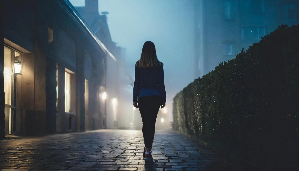 Kobieta idąca po ulicy w nocy, lunatykowanie po spożyciu alkoholu.
